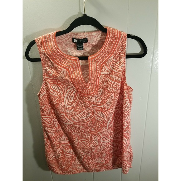 Carole Little Tops - Carole Little Womans L Orange White  Paisley S/S Blouse Linen Blend Coastal Boho